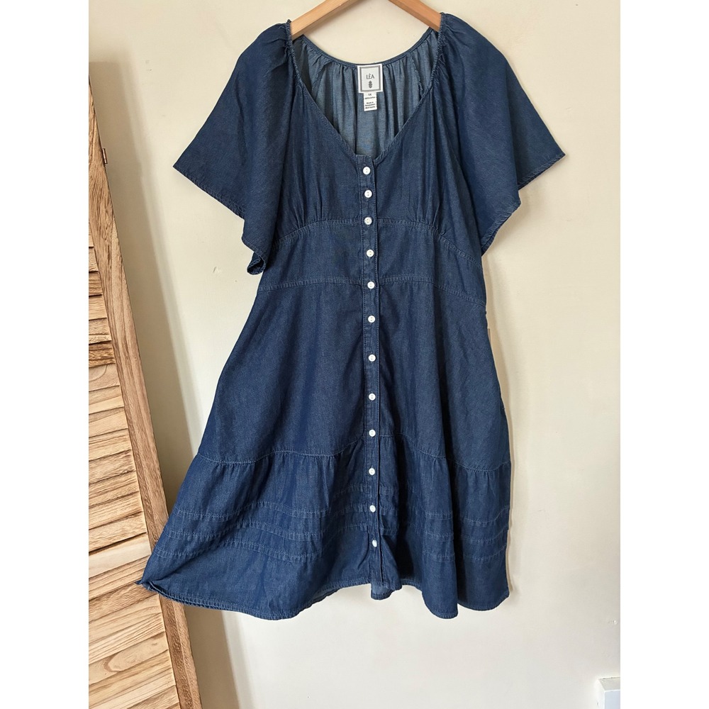 LEA Blue Cotton Denim Button Front Tiered Midi Dress 1X Flutter Sleeve Boho Fall